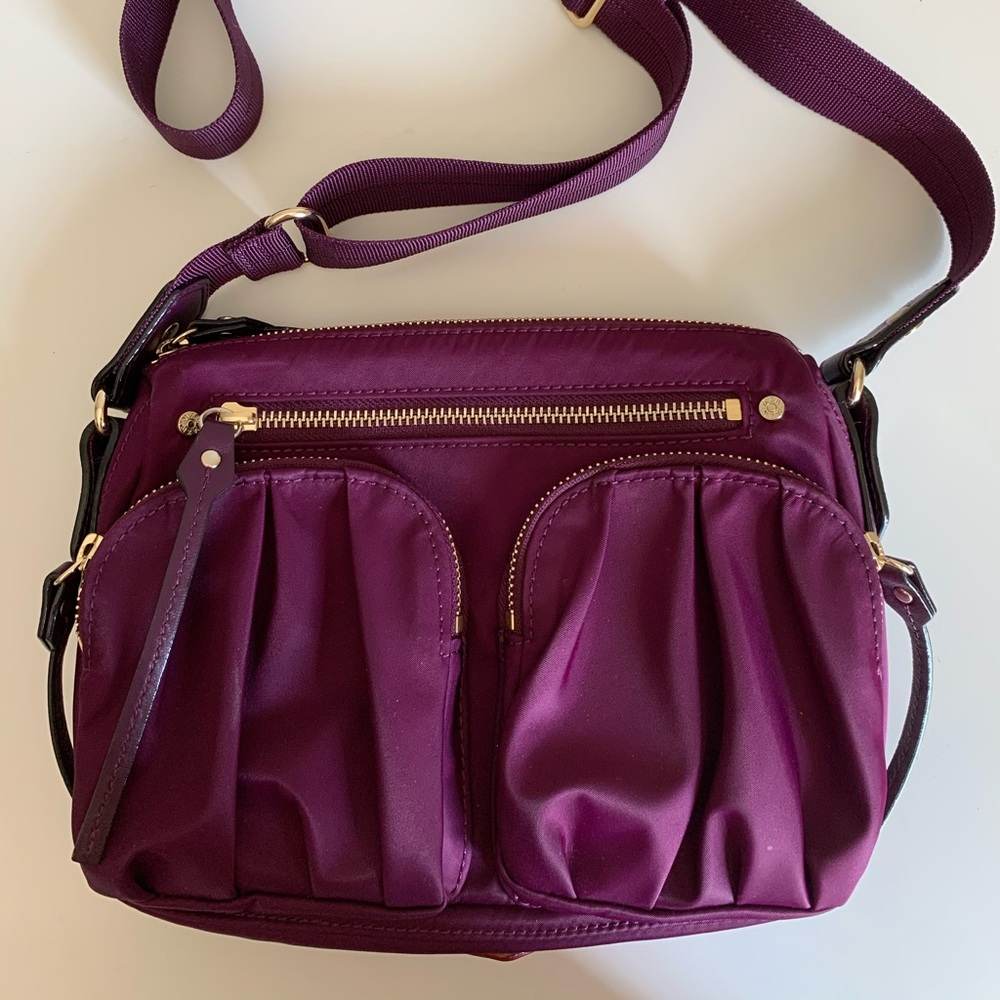 MZ Wallace Mini Paige Plum Crossbody Bag with Gold Hardware